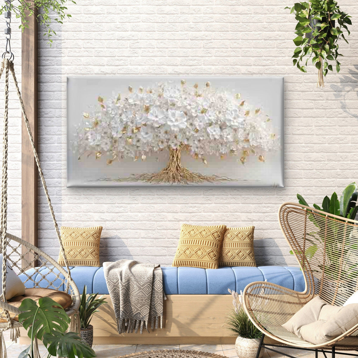 Golden Tree of White Flowers Wall Art Canvas Office Home Room Framed 80x45cm