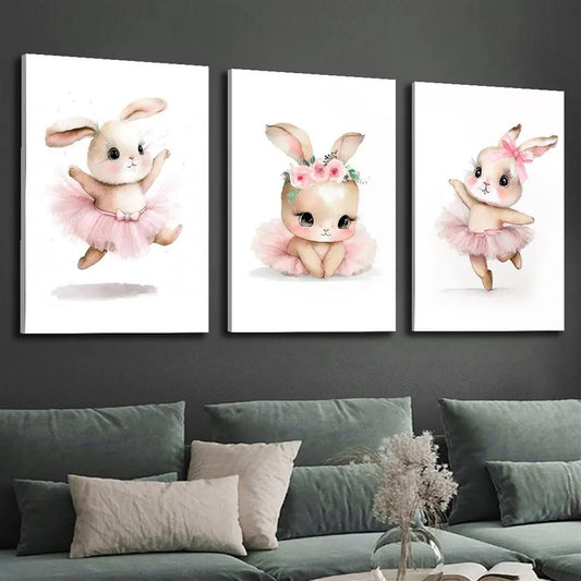 3pcs Cartoon Bunny Wearing Light Pink Tutu Ballet Dancing Metal Print Ready to Hang Art