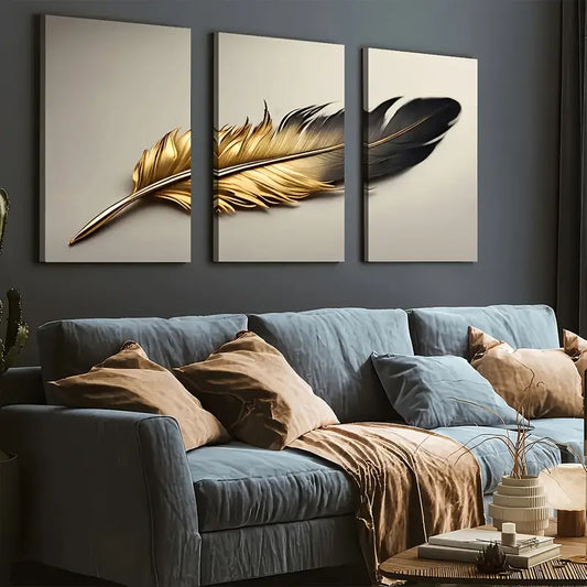 3pcs Modern Fashion Golden Feather Light Luxury Art Wall Art Set Canvas Framed 40x60cm - High Quality Print 100% Australian Made Wall Canvas Ready to Hang