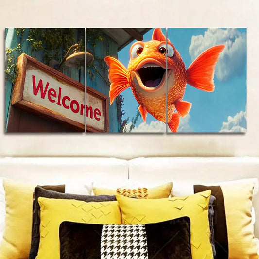 3pcs The Little Goldfish Said Welcome Metal Print Ready to Hang Art