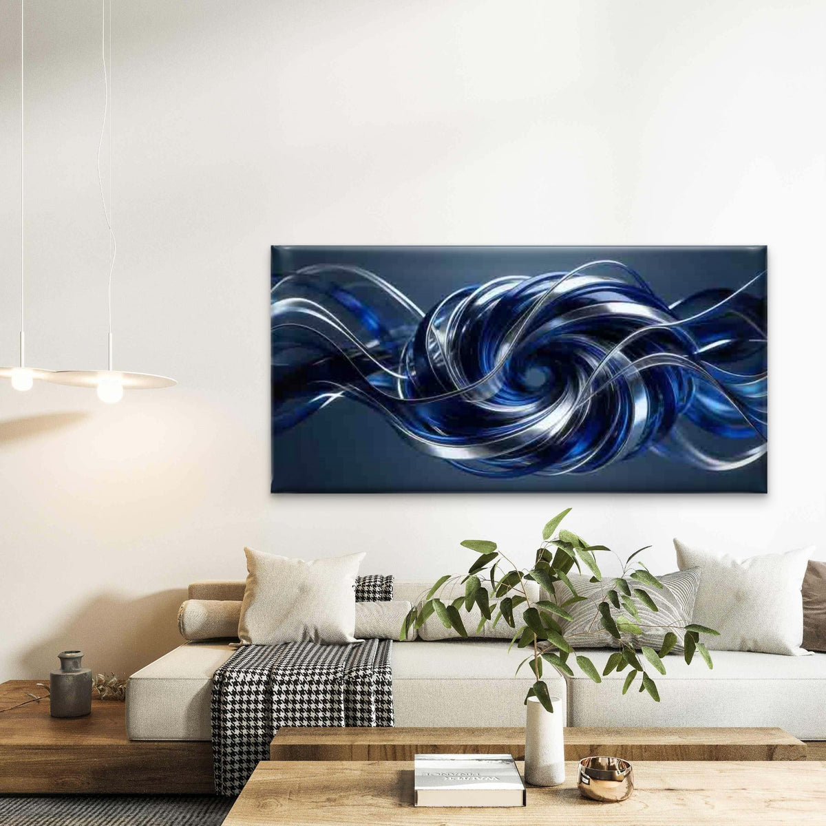 Abstract Blue And Silver Wall Art Canvas Office Home Room Framed 120x60cm