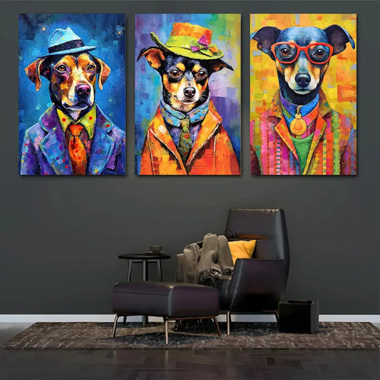 3pcs Watercolor Colorful Stylish Dog Dressed in Trendy Suits Metal Print Ready to Hang Art