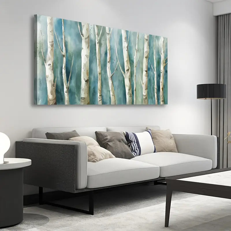 Abstract Birch Trees Turquoise Wall Art canvas office home room framed 80x45cm