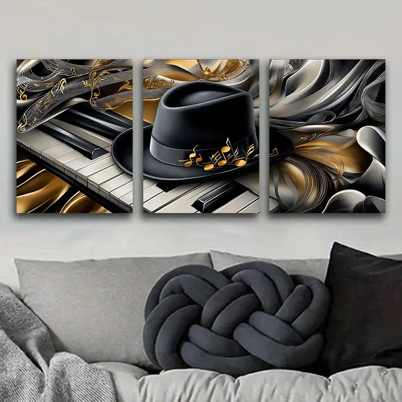 3pcs Piano and Hat Design Metal Print Ready to Hang Art