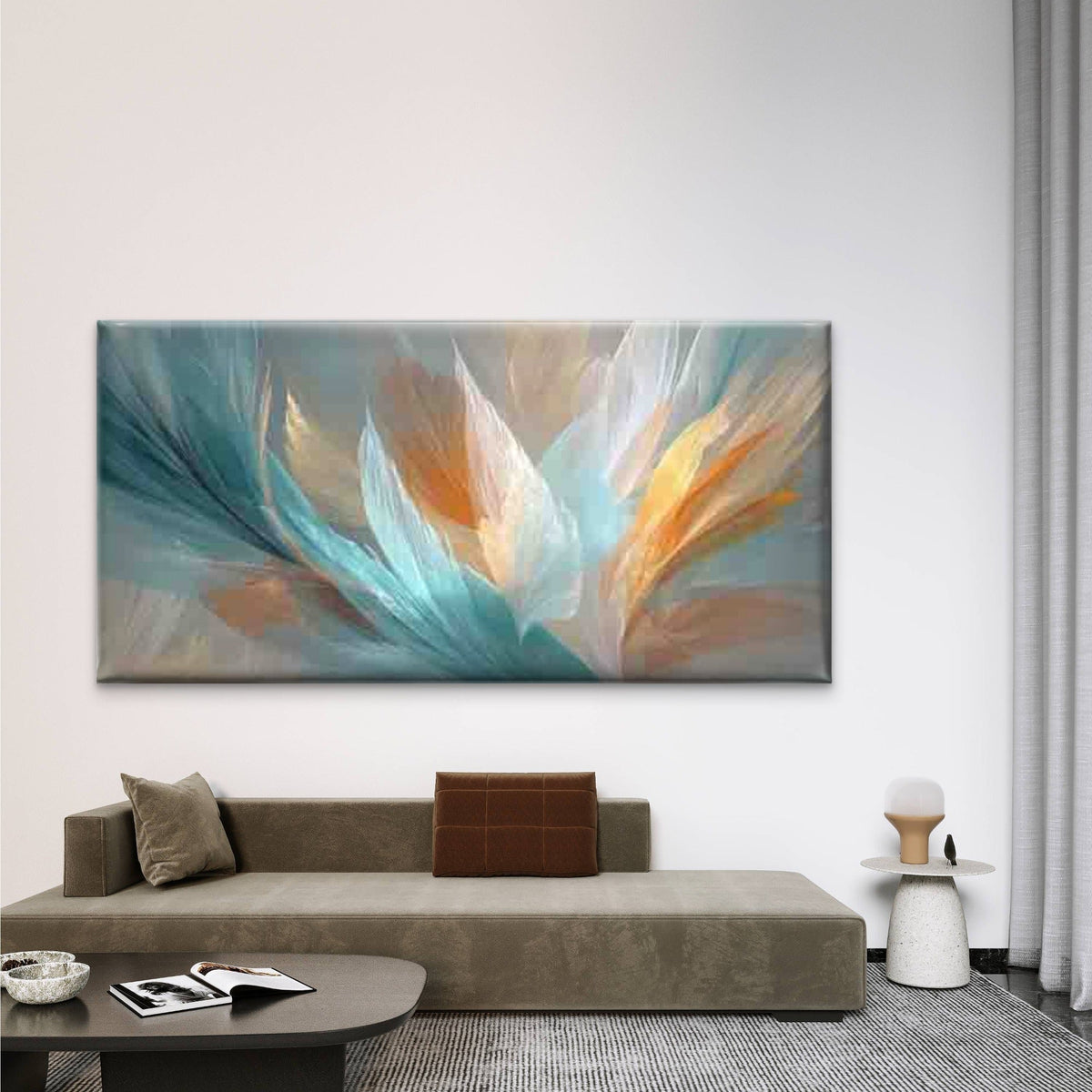 Teal Golden Leaf Pattern Wall Art Canvas Office Home Room Framed 80x45cm