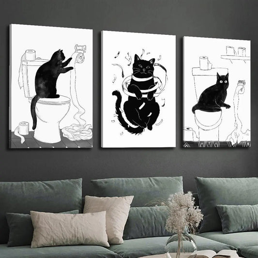 3pcs Black Cats on Toilet Whimsical Bathroom Metal Print Ready to Hang Art