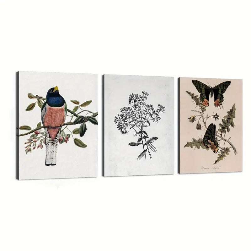 3pcs Bird, Nature Vintage Style Plants Animal, Butterflies Dancing Metal Print Ready to Hang Art