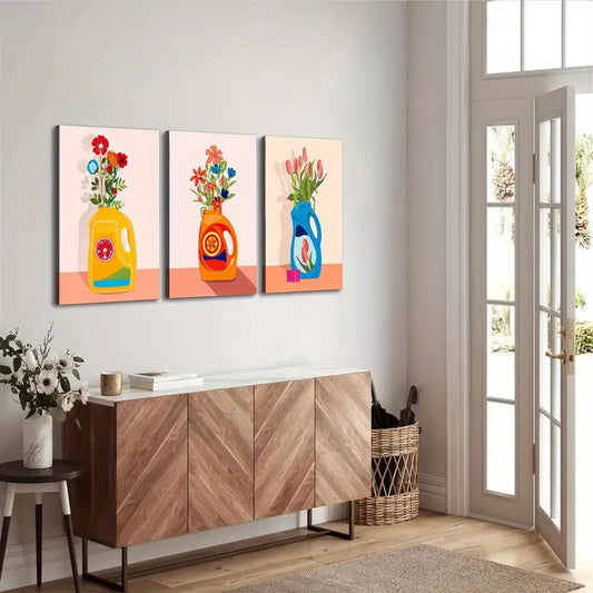 3pcs Contemporary Floral Art Colorful Design Metal Print Ready to Hang Art