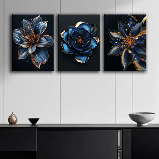 3pcs Blue And Golden Flower Metal Print Ready to Hang Art