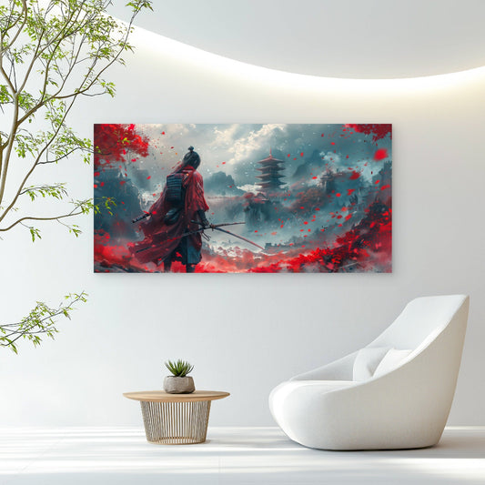 Red samurai Landscape Wall Art Canvas Office Home Room Framed 80x45cm