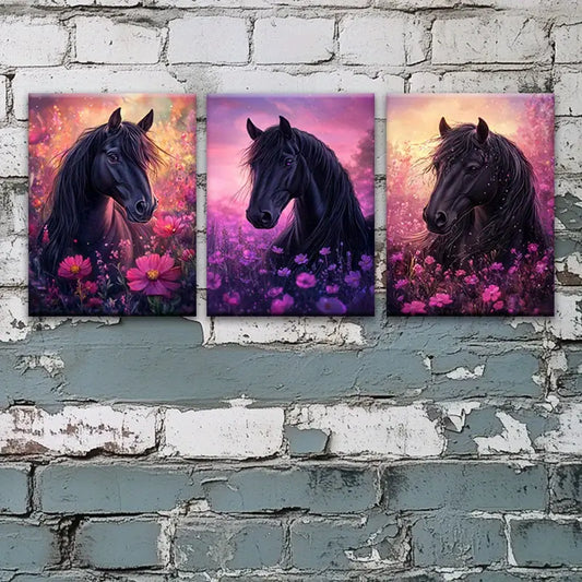 3pcs Horse in Sea of Pink Flowers Sunset Scene Metal Print Ready to Hang Art