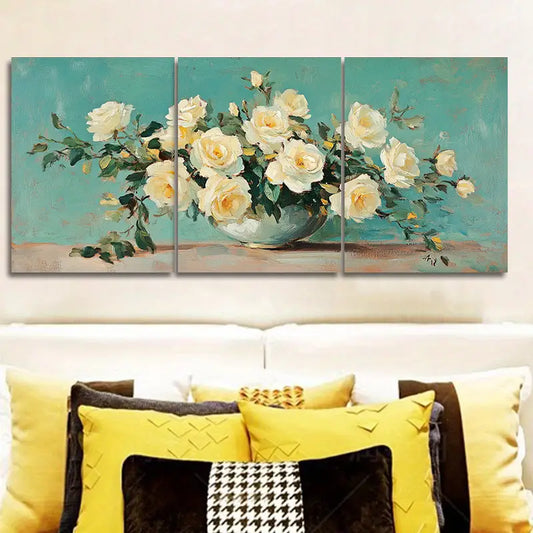 3pcs White Roses in Vase Painting Metal Print Ready to Hang Art