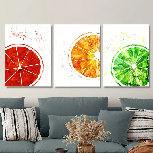 3pcs Bloody Oranges, Watercolor Orange Slices, Fresh Green Lime Metal Print Ready to Hang Art