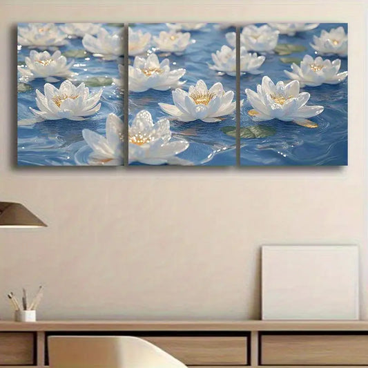 3pcs Oil Painting of Water Lilies, Luxurious Metal Print Ready to Hang Art
