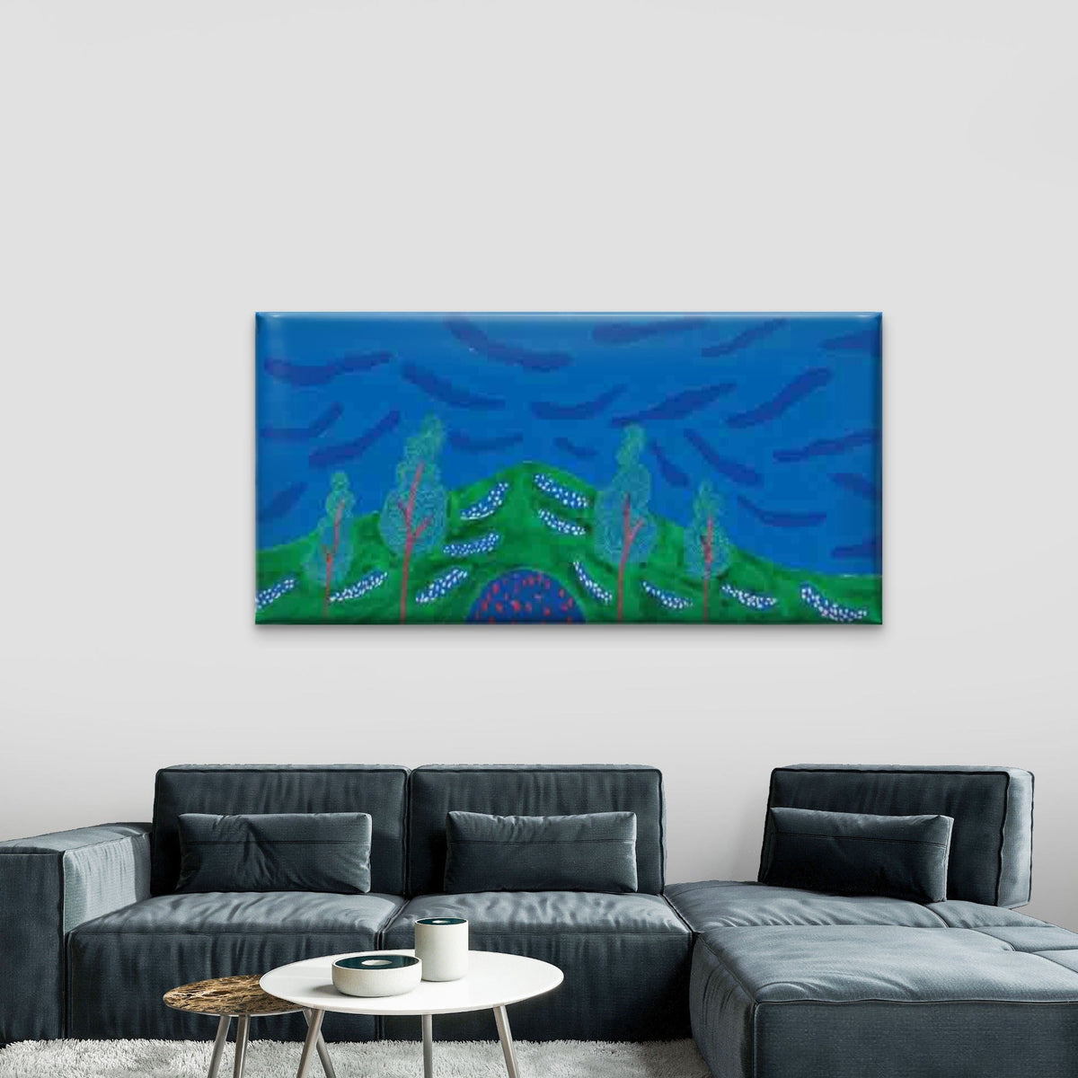 Abstract Landscape with a Blue Wall Art Canvas Office Home Room Framed 80x45cm