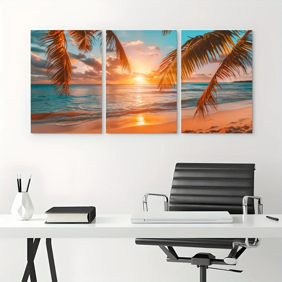 3pcs Stunning Sunrise Beach Tropical Tree Metal Print Ready to Hang Art