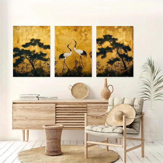 3pcs Golden Crane & Bamboo Garden Scene with Storks Metal Print Ready to Hang Art