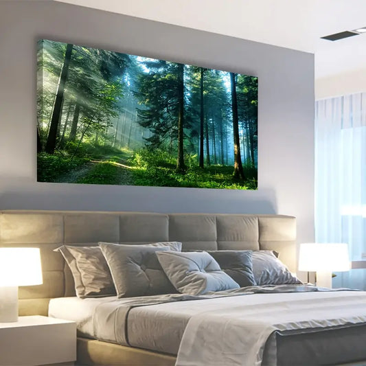 Green Forest Morning Sunlight Filtering Trees Serene Nature Scene Wall Art canvas office home room framed 120x60cm