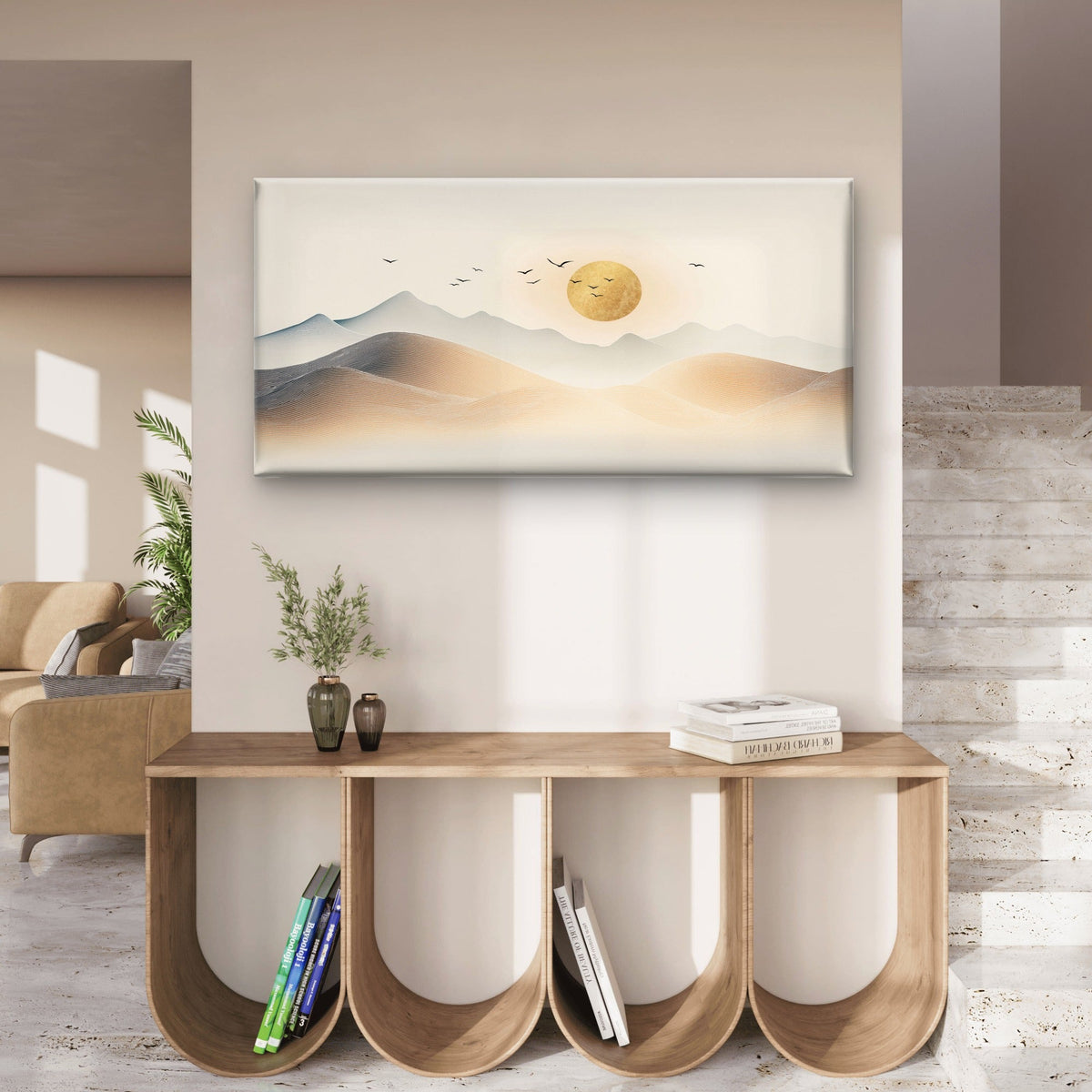 Abstract Zen Sun Line Wave Hills Wall Art Canvas Office Home Framed 120x60cm