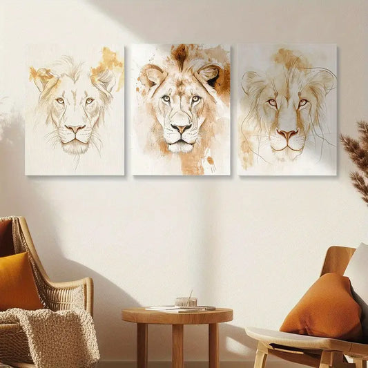 3pcs Lion & Tiger Line Art African Safari Animal Metal Print Ready to Hang Art