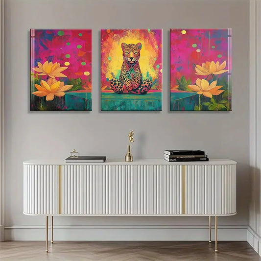 3pcs Majestic Leopard and Beautiful for Lotus Flowers Metal Print Ready to Hang Art
