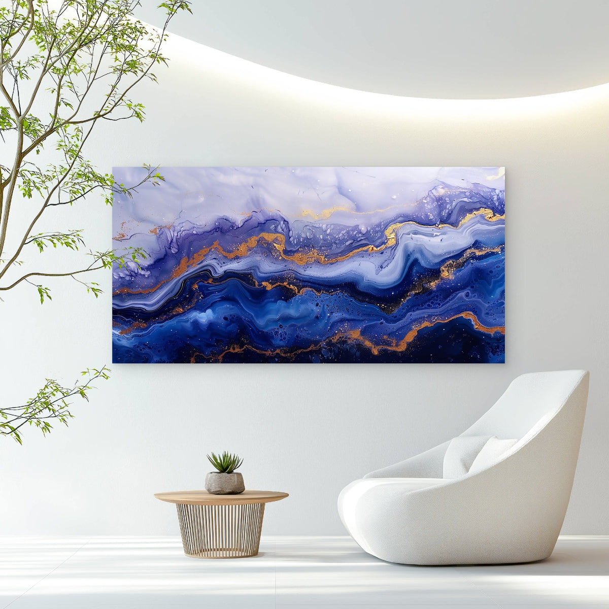 Ethereal Indigo Gilded Fluid Wall Art Canvas Office Home Room Framed 80x45cm