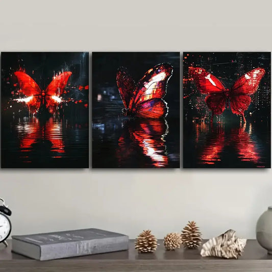 3pcs Vibrant Red & Orange Winged Creatures with Glowing Metal Print Ready to Hang Art