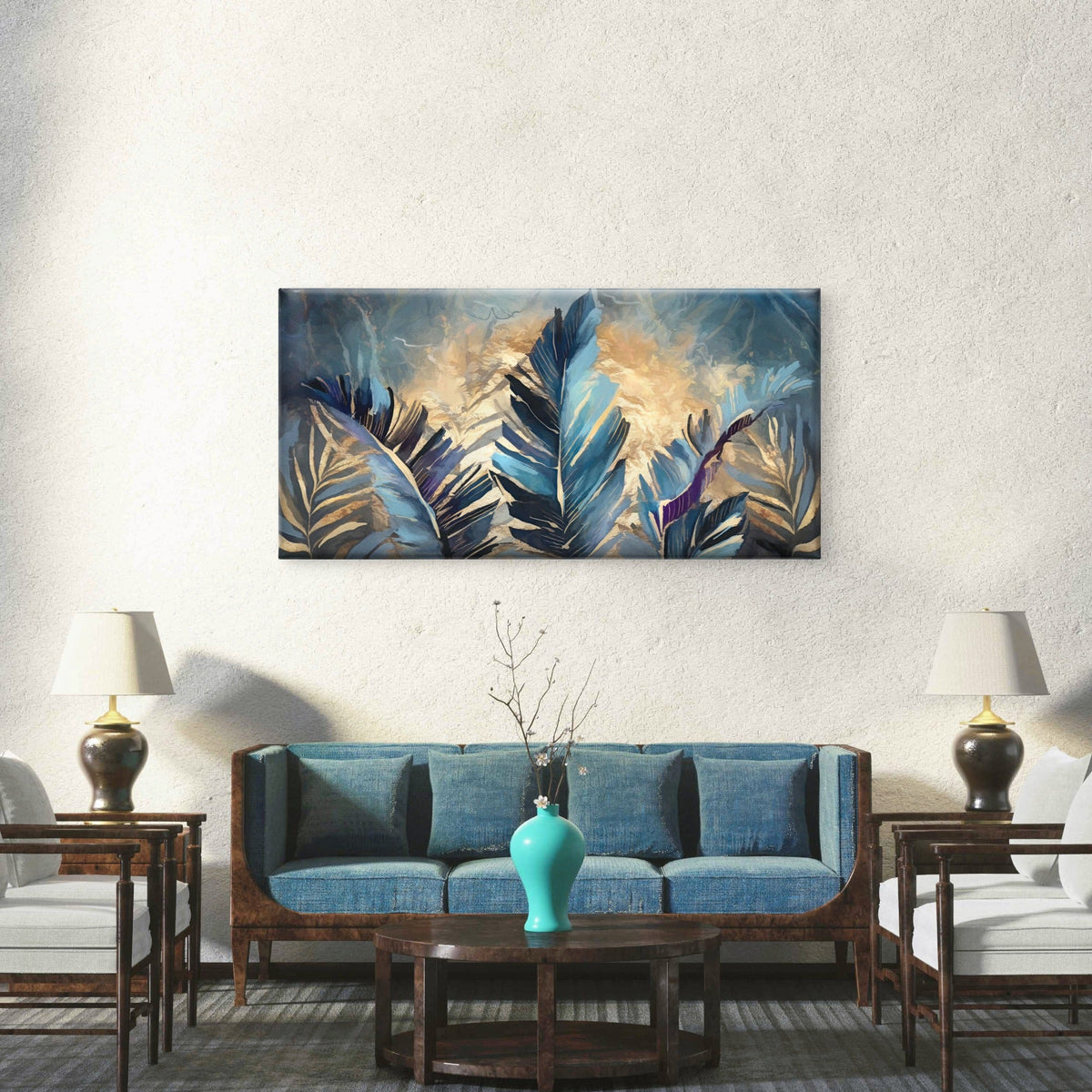 Blue Gold Tropical Feather Wall Art Canvas Office Home Room Framed 120x60cm