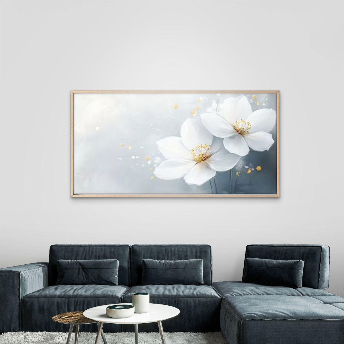 Abstract White Flowers Wall Art Canvas Office Home Room Framed 80x45cm