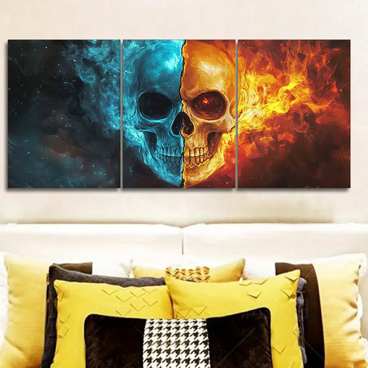 3pcs Fire skull and an ice skeleton head Metal Print Ready to Hang Art