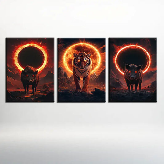 3pcs Majestic Animals Painting Pig and Tiger Fire Ring Metal Print Ready to Hang Art