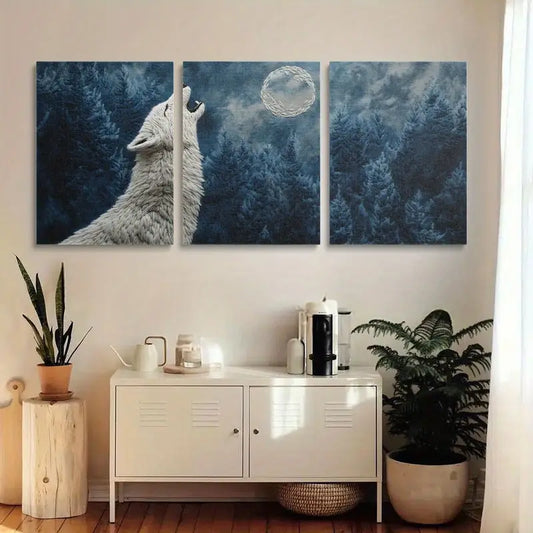 3pcs White Wolf Howling at Moon Alpine Forest Metal Print Ready to Hang Art