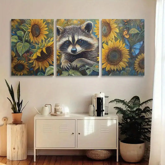 3pcs Contemporary Raccoon & Sunflowers Metal Print Ready to Hang Art