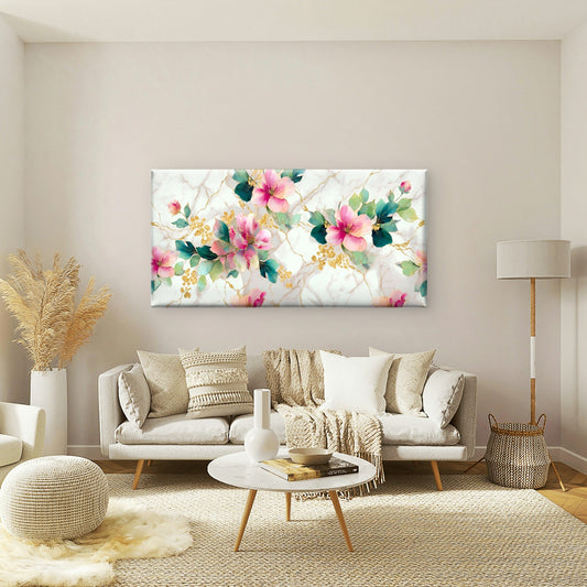 Pink Floral Gold Veins Marble Pattern Wall Art Canvas Office Home Room Framed 80x45cm