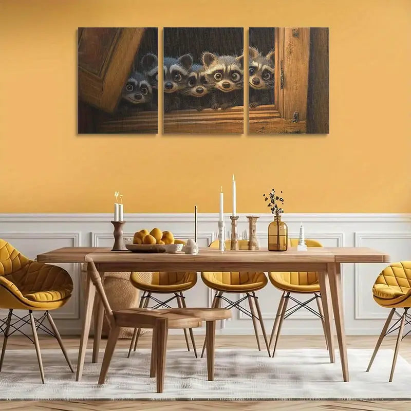 3pcs Close-Up of Raccoon Peeking Out of Window Metal Print Ready to Hang Art