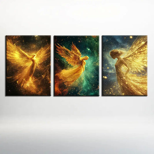 3pcs Glowing Angel Stunning Golden Painting Metal Print Ready to Hang Art