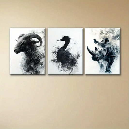 3pcs Abstract Black & White Animal Prints of Sheep, Duck, Rhino Metal Print Ready to Hang Art