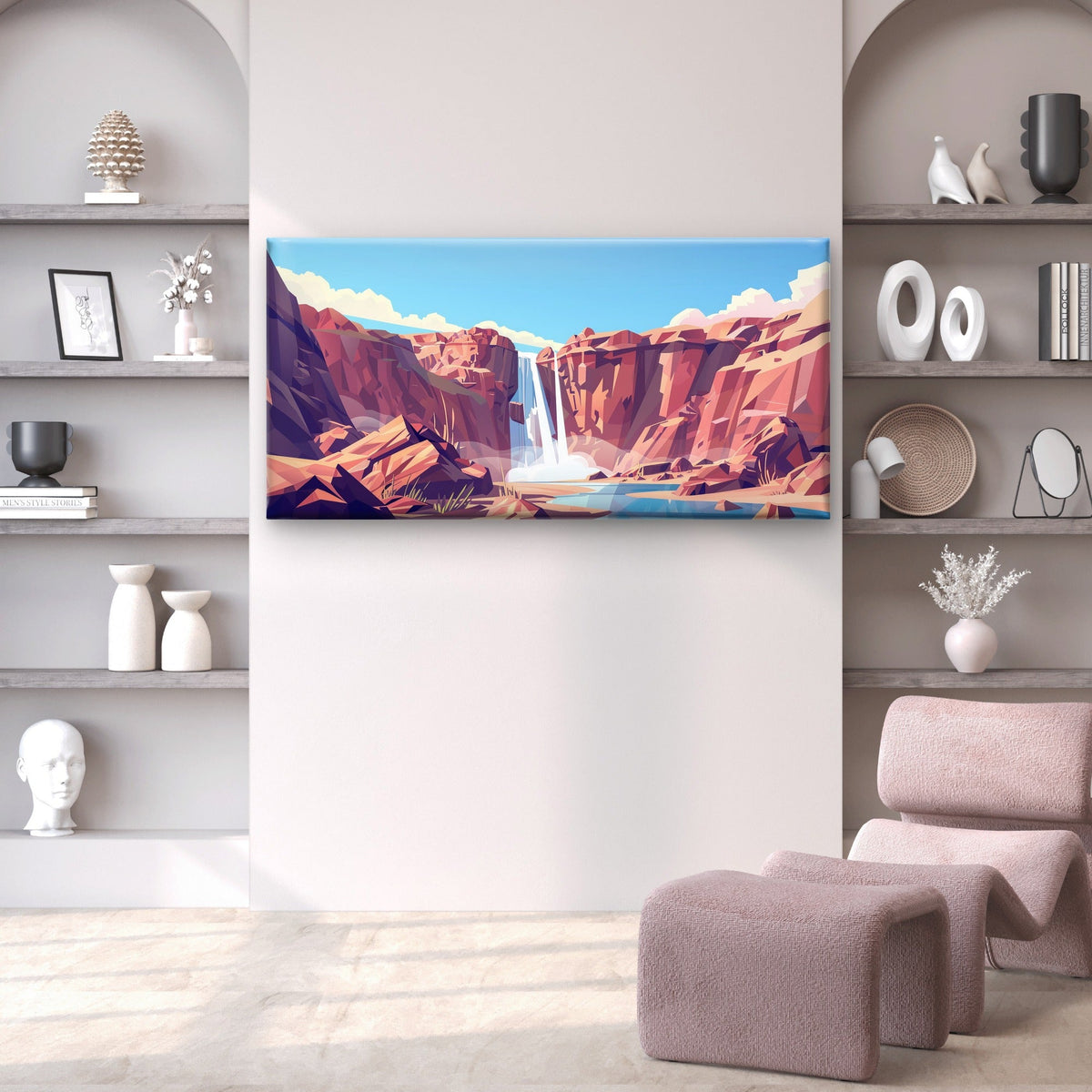 Geometric Canyon Waterfall Wall Art Canvas Office Home Room Framed 80x45cm