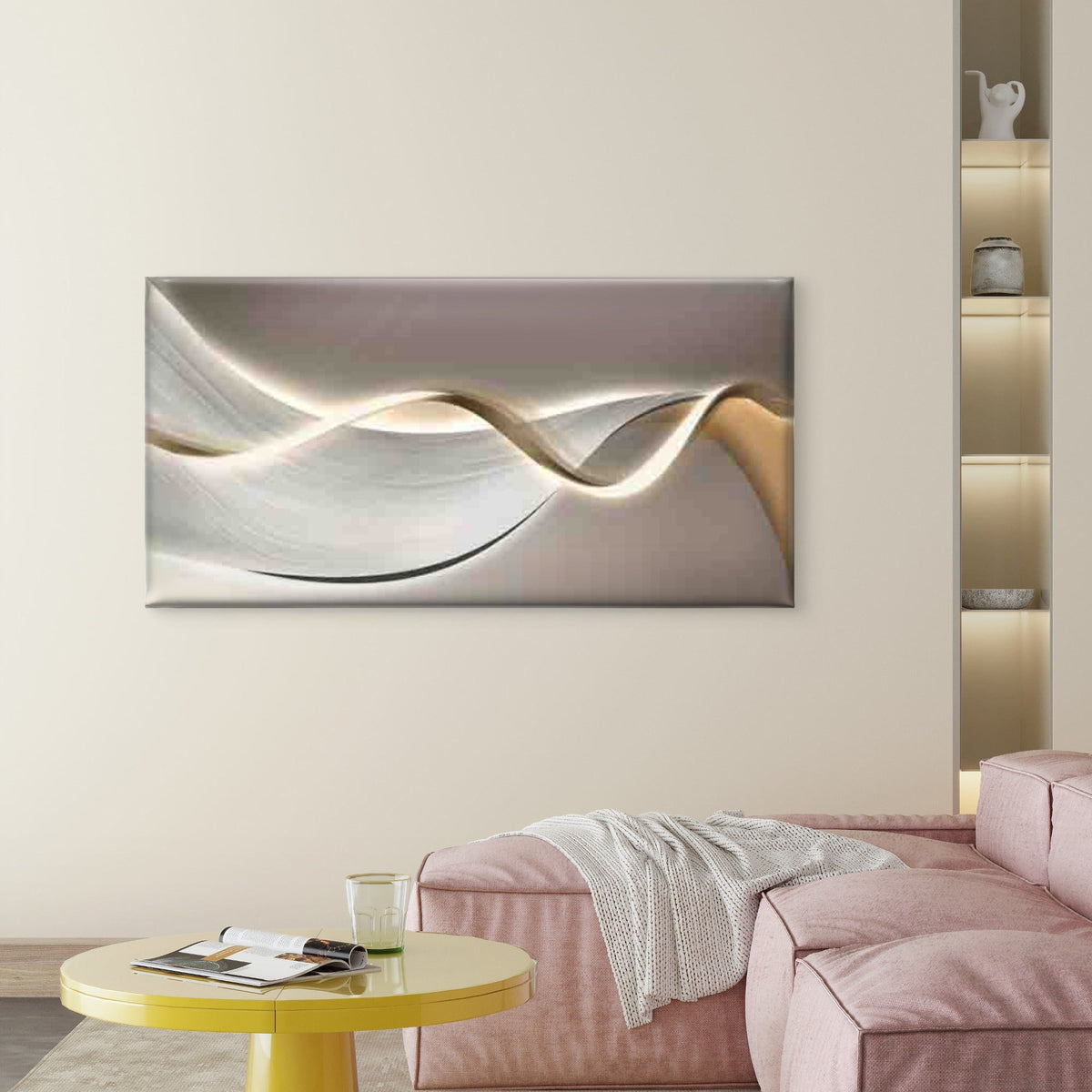 Abstract Wave Design in Neutral Wall Art Canvas Office Home Room Framed 120x60cm