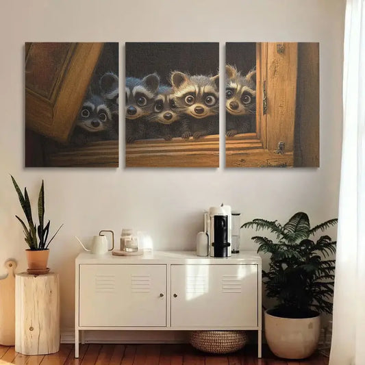 3pcs Close-Up of Raccoon Peeking Out of Window Metal Print Ready to Hang Art