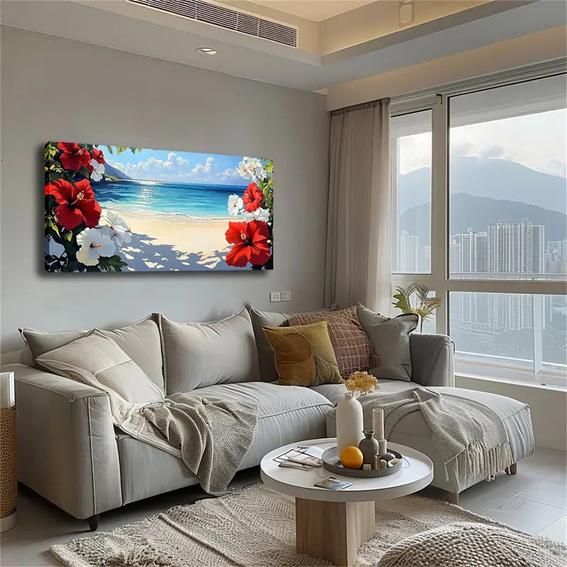 Red Hibiscus Flowers Vibrant Wall Art Canvas Office Home Room Framed 120x60cm