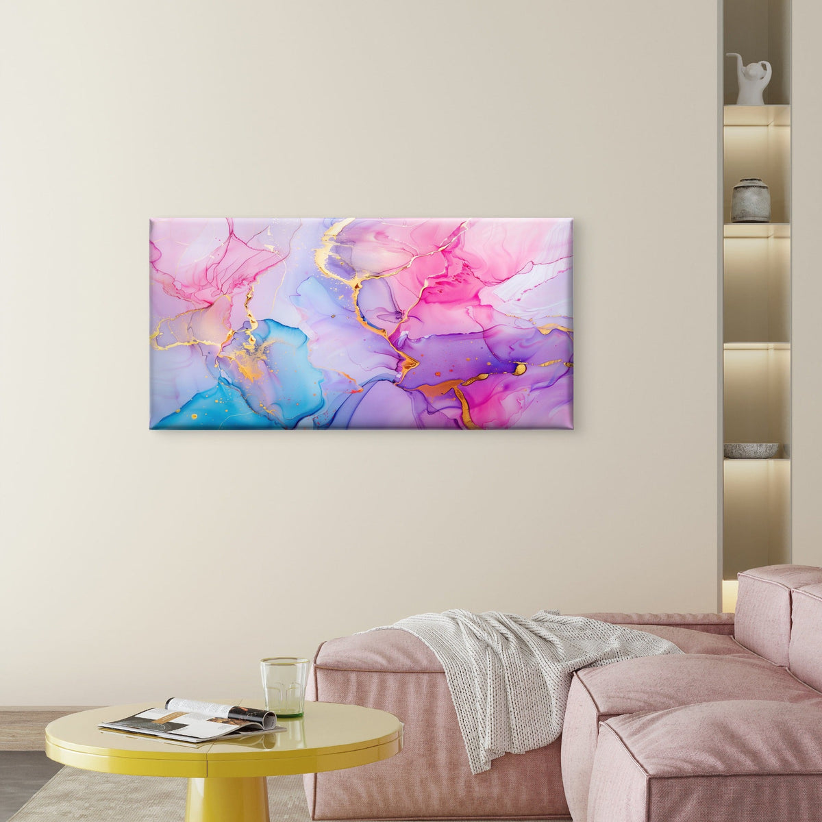 Abstract Purple Pink Gold Ink Wall Art Canvas Office Home Room Framed 120x60cm