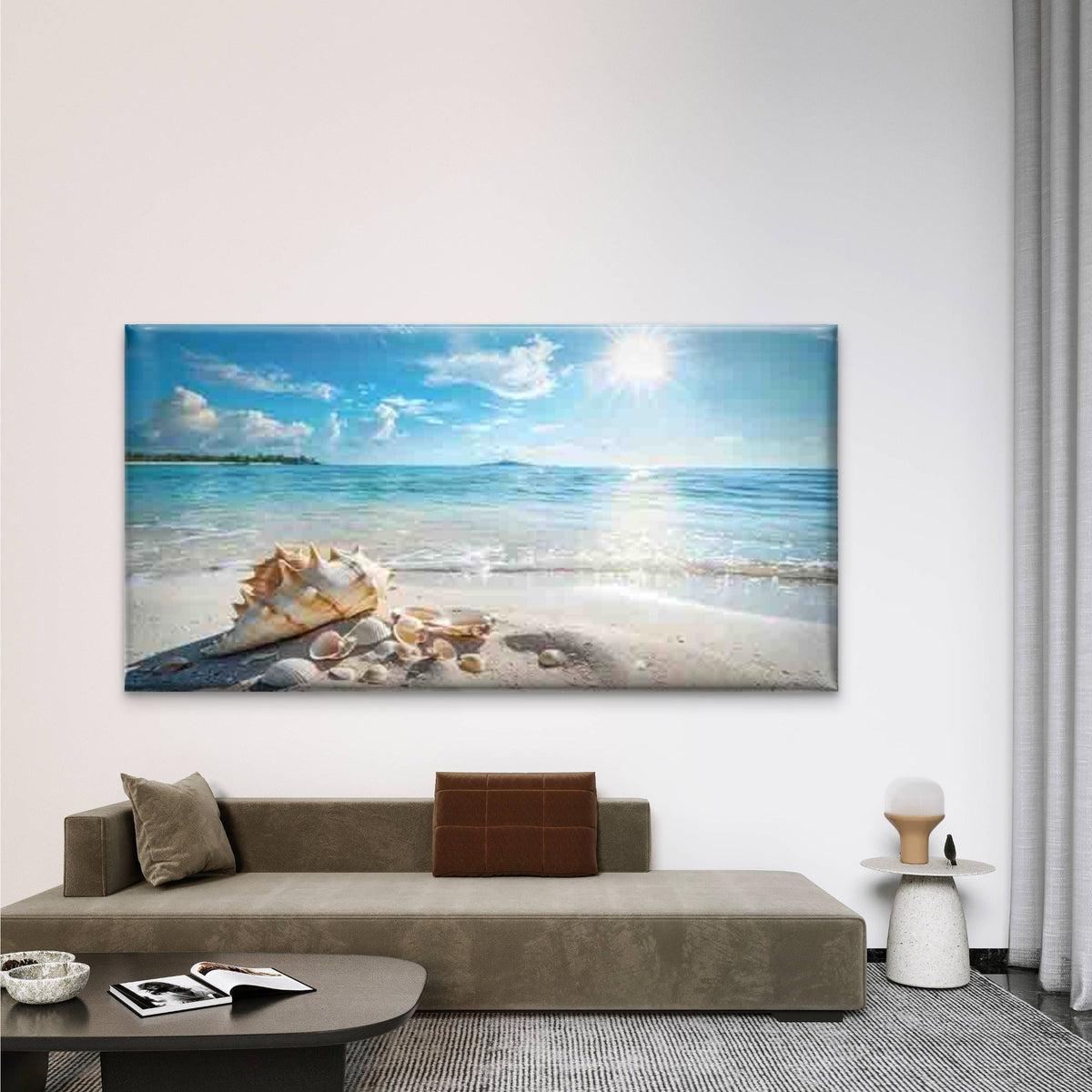 Ocean, Waves, Sand & Seashells Wall Art Canvas Office Home Room Framed 80x45cm