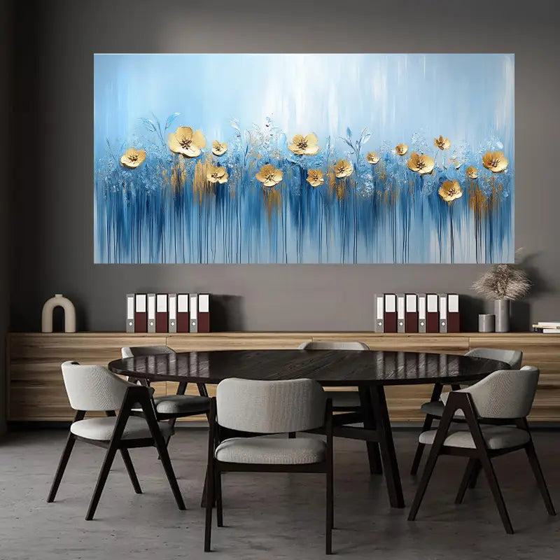Elegant Blue & Golden Floral Design Wall Art wall canvas office home room framed 80x45cm