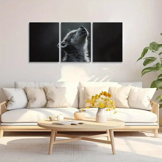 3pcs Wolf Pup Howling Monochrome Animal Metal Print Ready to Hang Art