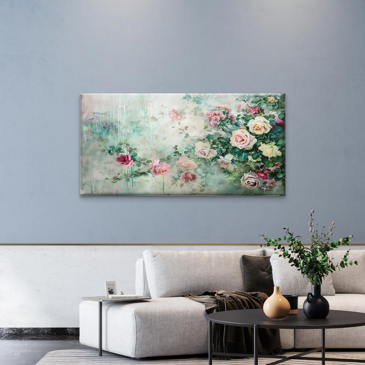 Vintage Pastel Pink Roses Floral Botanical Garden Painting Wall Art Canvas Office Home Room Framed 120x60cm