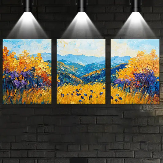 3pcs Watercolor Autumn Wheat Field Scenery Painting Metal Print Ready to Hang Art