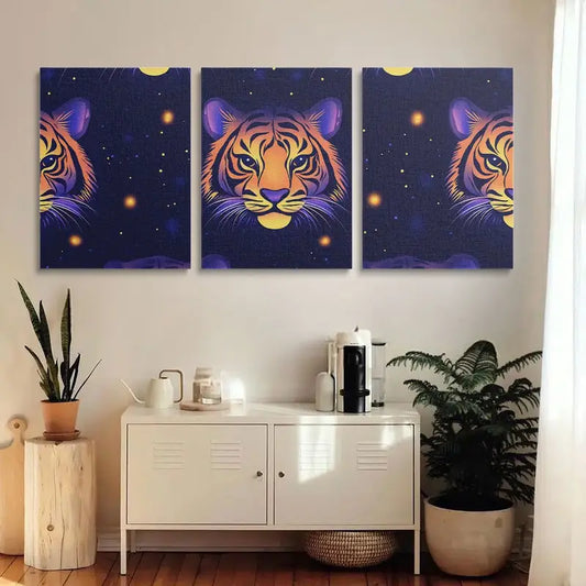 3pcs Vibrant Tiger Pattern Design with Golden Accents Metal Print Ready to Hang Art