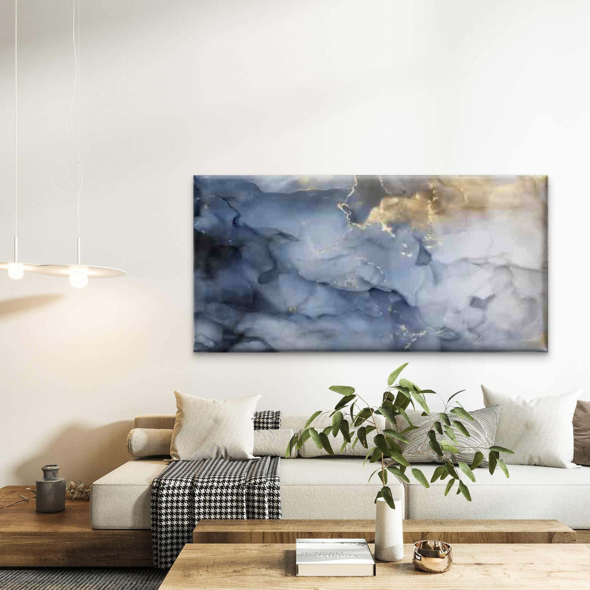 Abstract Blue & Golden Ink Flow Wall Art Canvas Office Home Room Framed 120x60cm
