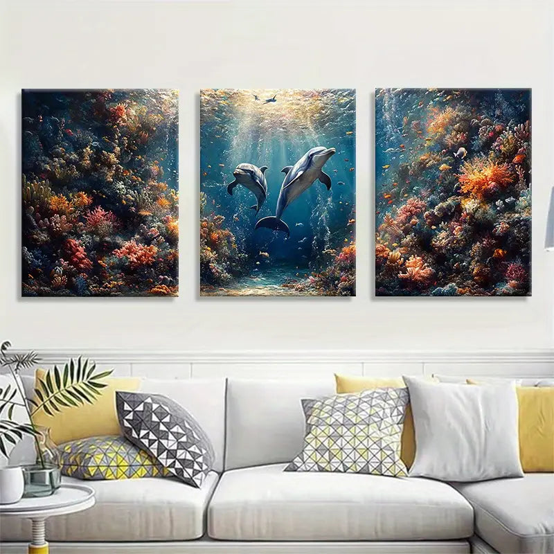 3pcs Stunning Underwater Coral Reef with Dolphins Metal Print Ready to Hang Art